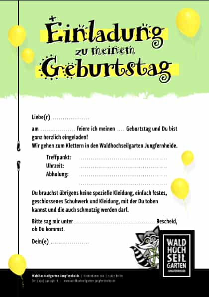Einladungskarten Kindergeburtstag im Kletterpark Hochseilgarten im Wald 